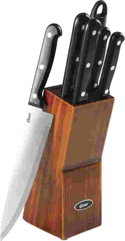 OSTER CONJUNTO DE FACAS EM AÇO INOXIDÁVEL 7 PEÇAS VANDERBURG - 1 FACA DO CHEF, 1 FACA DE PÃO, 1 FACA DE FATIAR, 1 FACA UTILITY, 1 FACA DE DESCASCAR, 1 CHAIRA, 1 CEPO