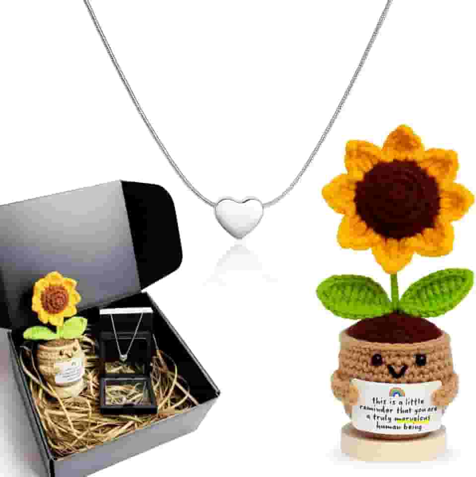 Kit Presente Feminino Colar Prata em Aço Inox Pingente de Coração + Porta Joias em Caixa Luxo Elegante + Girassol em Crochê Crochet Pronto Presentear Delicado Aniversário Dia das Mães Natal Namorados