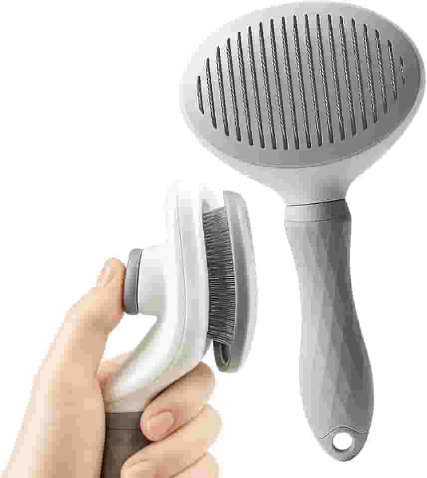 Escova Autolimpante Rasqueadeira Tira Pelos para Gatos e Cães de Pelo Longo – Removedora de Pelos com Botão de Limpeza, Cerdas Encapadas Seguras e Cabo Ergonômico Antiderrapante (Cinza)