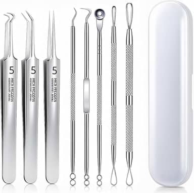 Kit Removedor de Cravos e Espinhas Profissional 8 Peças Inox com Estojo – Ferramentas de Higiene Facial para Limpeza de Poros, Acne e Cravos, Extrator de Cravos e Espinhas