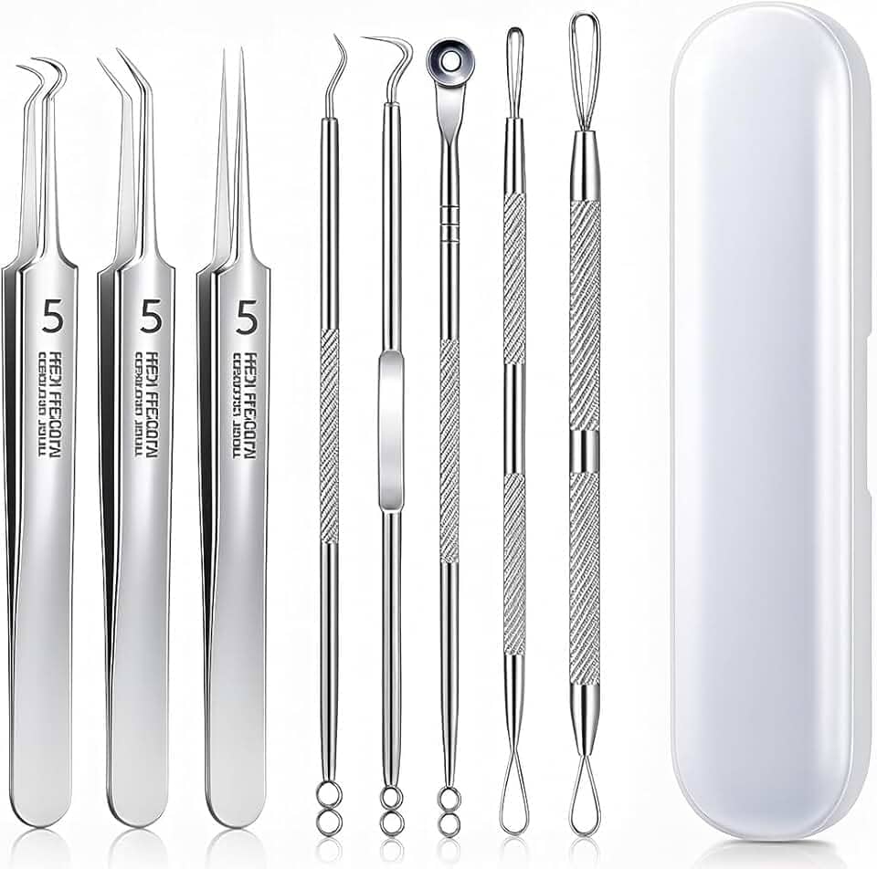 Kit Removedor de Cravos e Espinhas Profissional 8 Peças Inox com Estojo – Ferramentas de Higiene Facial para Limpeza de Poros, Acne e Cravos, Extrator de Cravos e Espinhas
