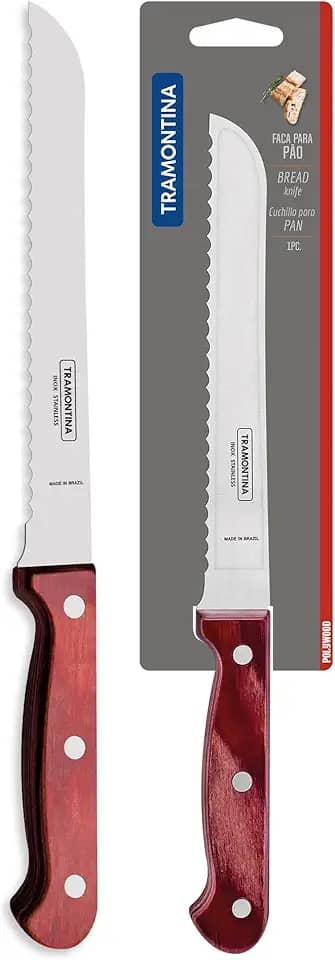 Faca para Pão Tramontina Polywood com Lâmina em Aço Inox e Cabo de Madeira Vermelho 7"