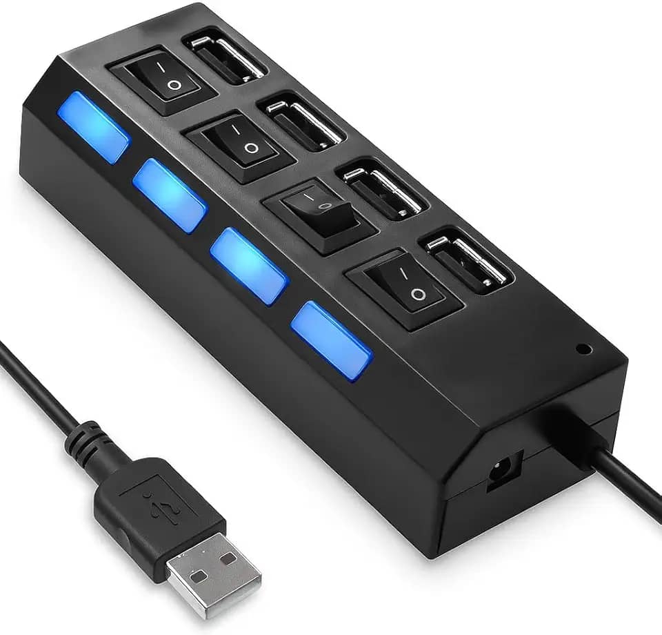 Hub USB - Alta Velocidade - 4 Portas - Botões Liga/Desliga - Luz de Led - Portas Compativeis p/Pendrive; Mouse; Teclado; Luminarias - Preto.