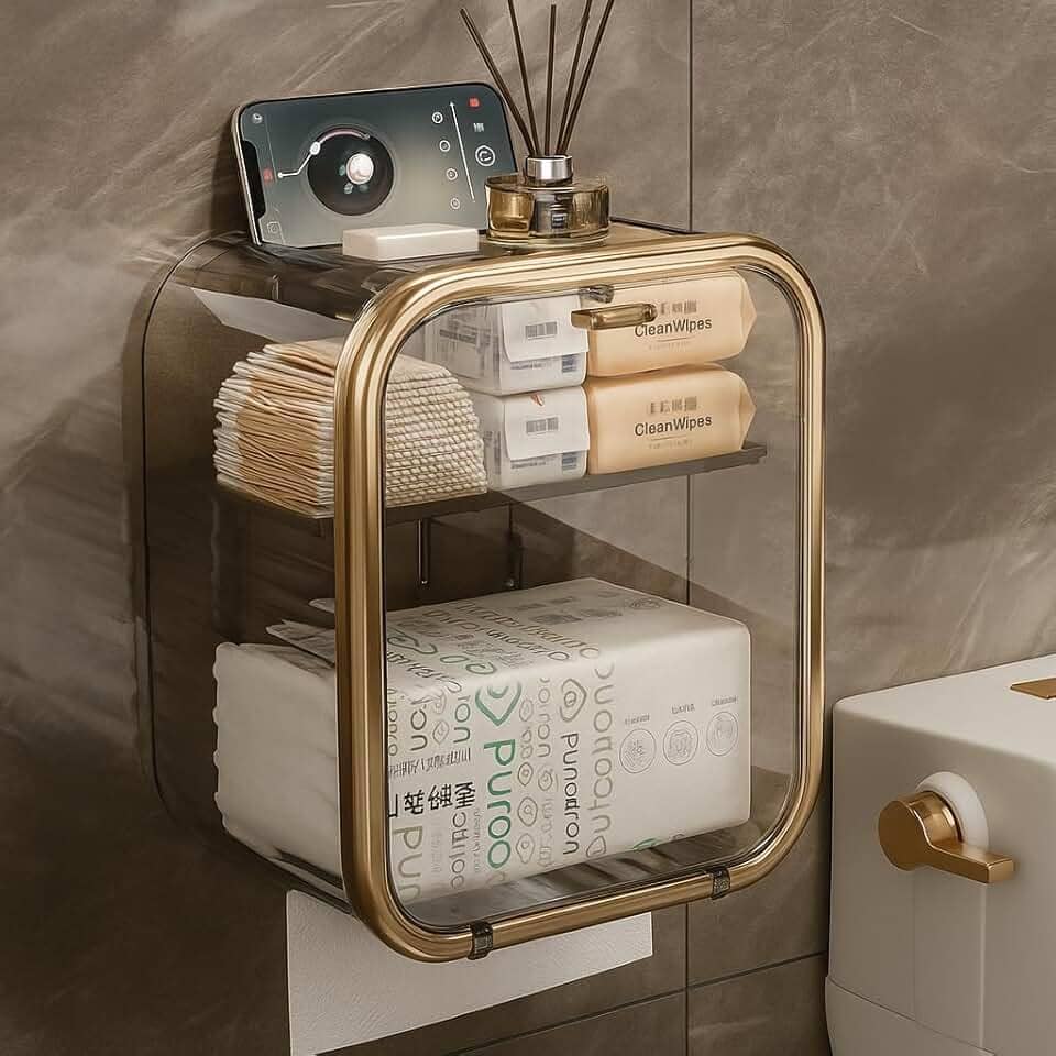 Porta Papel Higiênico Acrílico Rosé Gold com Prateleira Adesiva Parede Compacto Premium para Banheiro