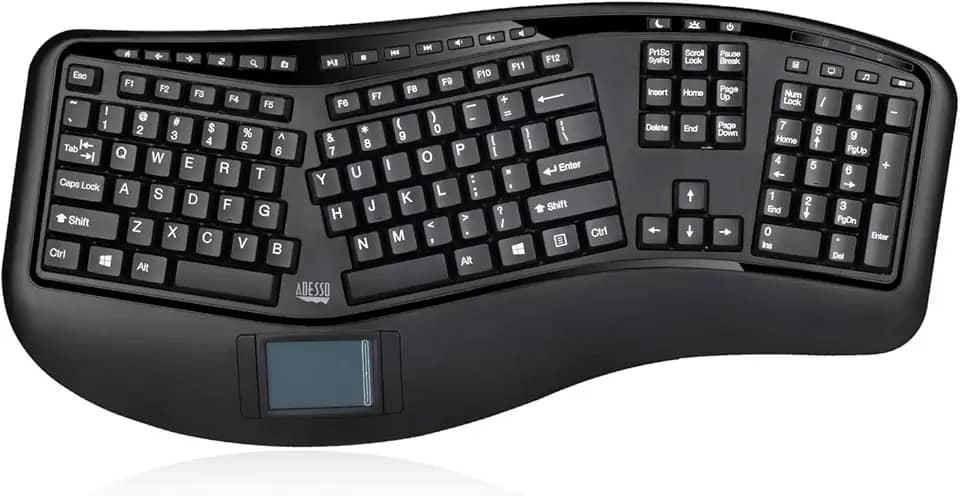 Adesso WKB-4500UB – Teclado ergonômico sem fio para desktop touchpad, design de teclas divididas, descanso de palma, teclas de controle de mídia, longa vida útil da bateria – Compatível com laptop/desktop/PC/Windows XP/7/8/10