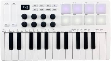 Bulaned Teclado de controle MIDI 25 teclas Mini teclado USB portátil controlador MIDI com 25 teclas sensíveis à velocidade 8 pads retroiluminados RGB 8 botões