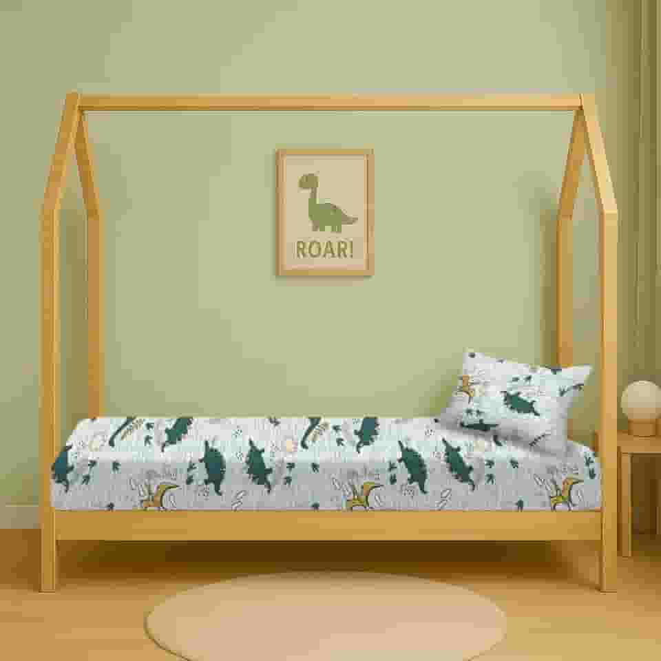 Jogo Lençol Mini Cama Montessoriana 70x150 com Elástico + Fronha 2 Peças Infantil Variados (Dinossauro)
