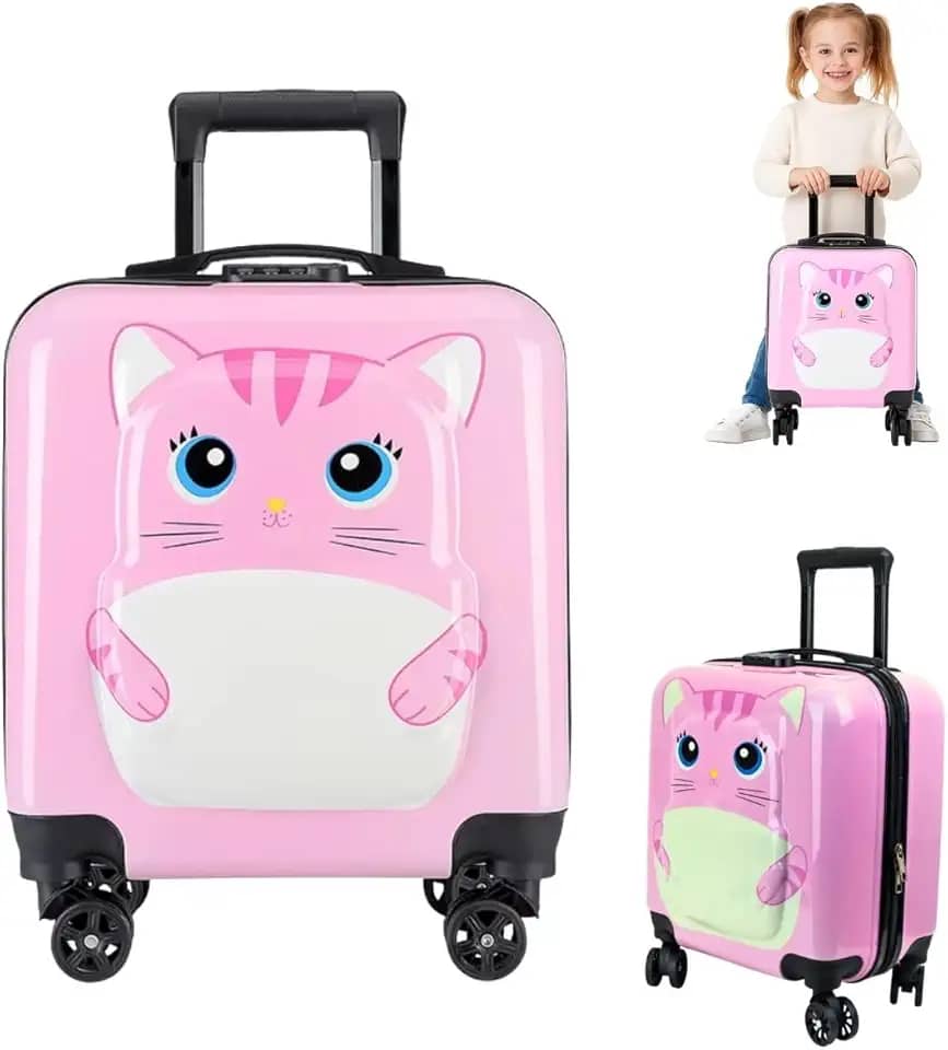 Mala de Viagem Infantil Gato, ABS Rígida, 4 Rodas com Giro 360°
