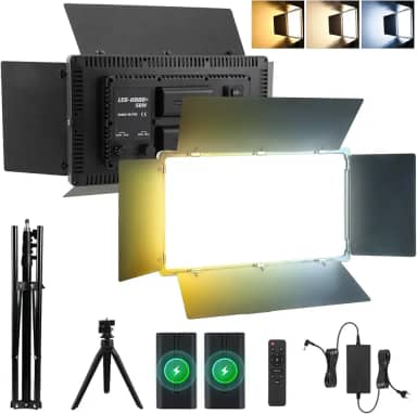 Iluminador LED Profissional 50W, Bicolor 2800K-6500K, 960 LEDs, 2 Baterias 4000mAh, Suporte Mesa 15cm e Tripé 2m