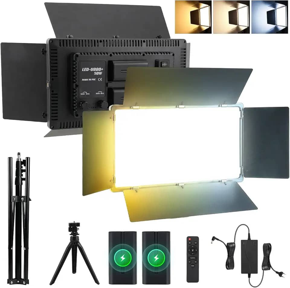 Iluminador LED Profissional 50W, Bicolor 2800K-6500K, 960 LEDs, 2 Baterias 4000mAh, Suporte Mesa 15cm e Tripé 2m