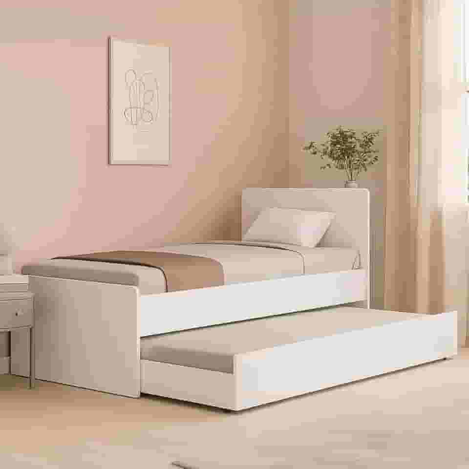 Bicama Solteiro com Cama Auxiliar MDF, 80x93x193 cm, Branco, Estrado Reforçado, Sistema Anti-ruído