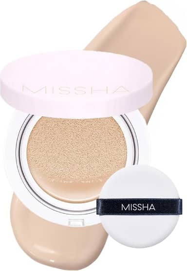 MISSHA Base Magic Cushion No. 21 bege claro para pele brilhante - cobertura perfeita, acabamento orvalhado, fácil aplicação para todos os tipos de pele