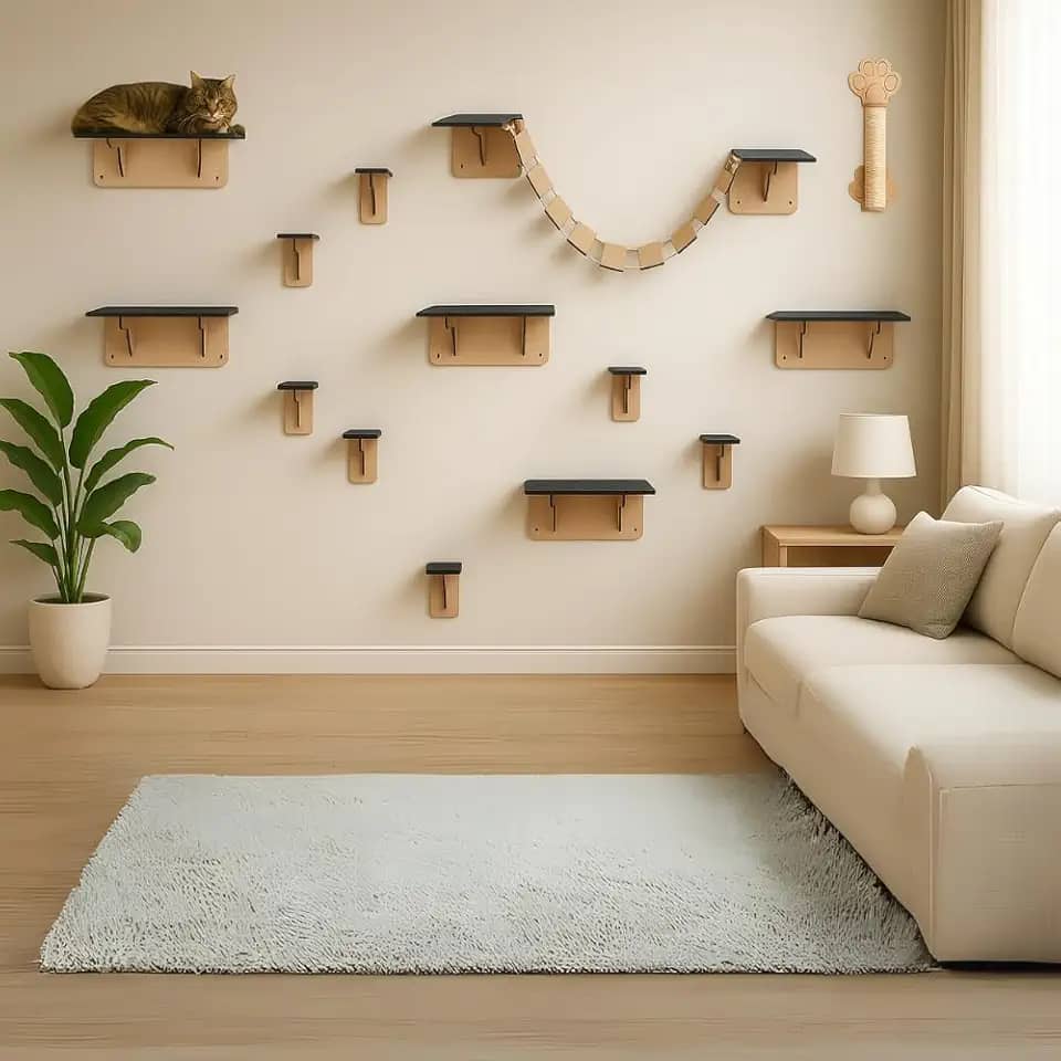 BOXFAN Playground Gatos 15 Peças Arranhador Parede Brinquedo Gato Degraus Escada Pontes Prateleira Mdf Diversão Antiestresse Móveis para Gatificação