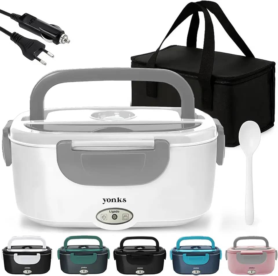 Marmita Elétrica Yonks 60W com Bolsa Térmica – Bivolt 110V/220V + Cabo Veicular 12V/24V – Marmita para Carro e Caminhão (Branco e cinza)