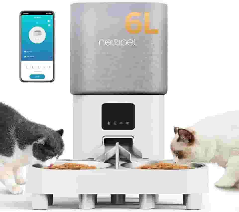 NEWPET Comedouro Elevado para Cäes, Alimentador WIFI Automático Gatos, Controle de Aplicativo WiFi - Gravador de Voz (6L)