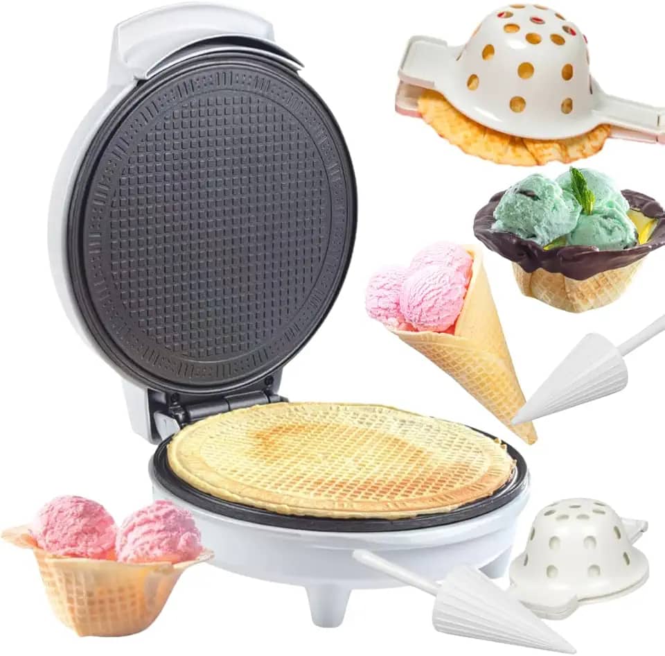 Cone de waffle e tigela para cones de sorvete caseiros - inclui rolo modelador e prensa de tigela exclusivo da Amazon - máquina de ferro waffler antiaderente elétrica para sudae de sobremesa faça você