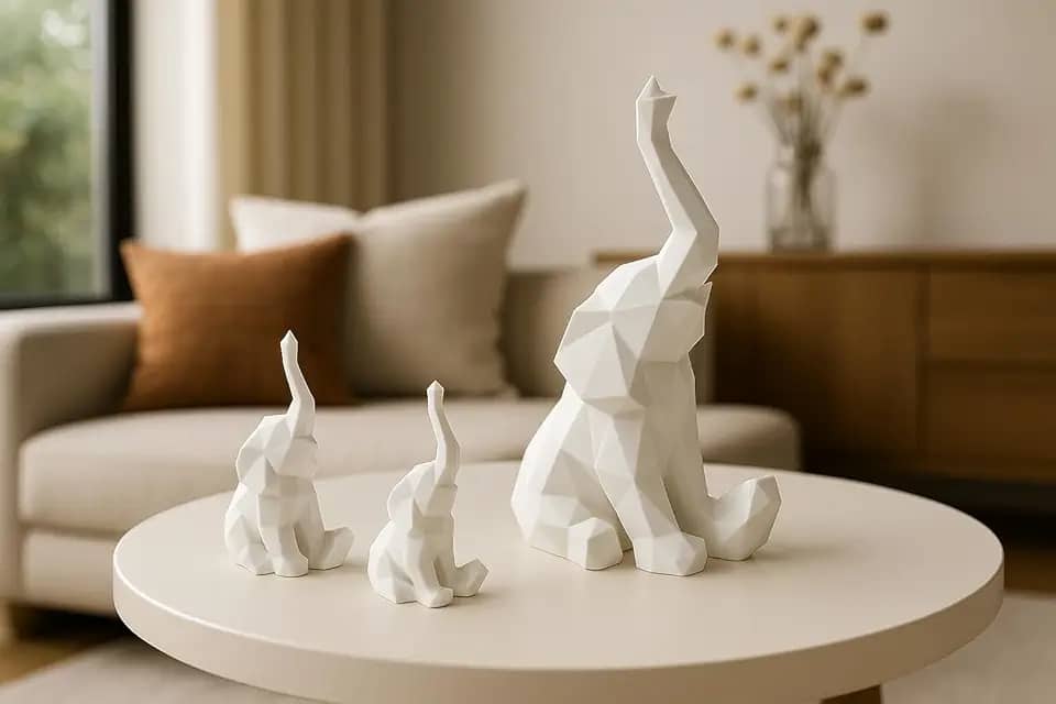 Kit Elefante Decorativo Minimalista – 3 Peças Geométricas com Estilo Sofisticado (Branco)