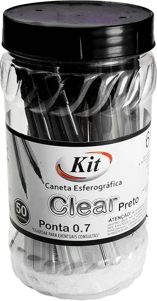 Caneta Esferográfica KIT Clear Preto 0,7 mm – Caixa com 50 unidades – Uso Escolar e Escritório