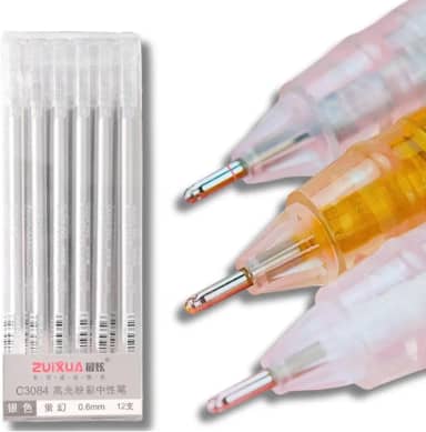 Conjunto de 6 canetas Gel Ponta fina de 0.6mm | Canetas de tinta branca, dourada e prateada para desenho artístico em papel preto, esboços e lettering Premium (Prateada)