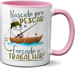 Caneca Flork Nascido Para Pescar Forçado A Trabalhar (Rosa)