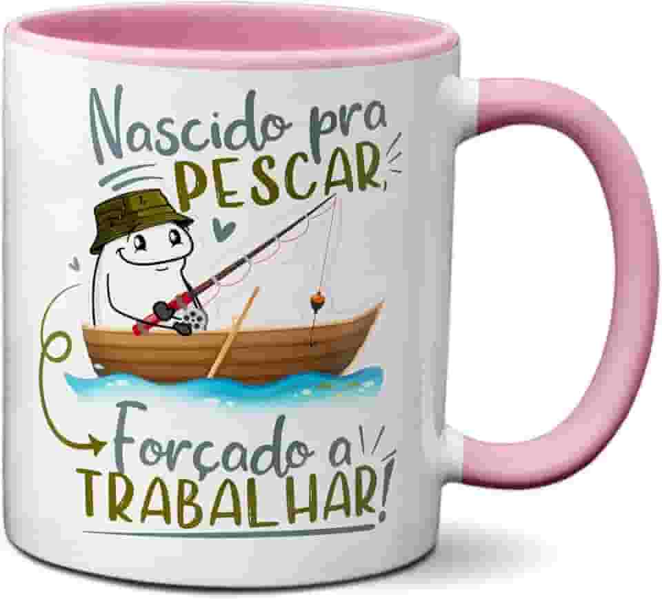 Caneca Flork Nascido Para Pescar Forçado A Trabalhar (Rosa)