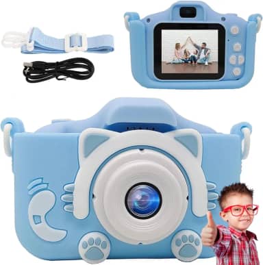 Máquina Fotográfica Infantil Câmera Digital Filma HD com Jogos Divertidos Portátil Gatinho Fofa Recarregável (Azul Gatinho)
