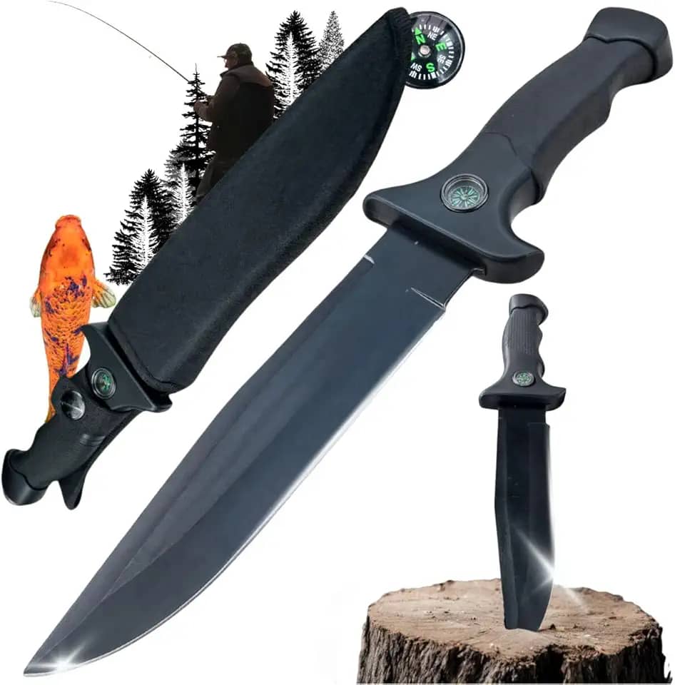 Faca Militar Tática com Suporte de Cintura e Design Compacto - Lâmina Serrilhada de Aço Reforçado, Bússola Integrada, Ponta Quebra-Vidro, Cabo Emborrachado Ergonômico, Ideal para Camping e Sobrevivência