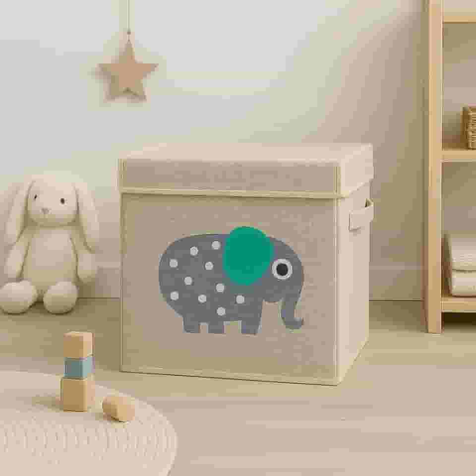 Caixa Organizadora Infantil Brinquedos Linho Tampa Baú Animal Box Oky's (ELEFANTE)
