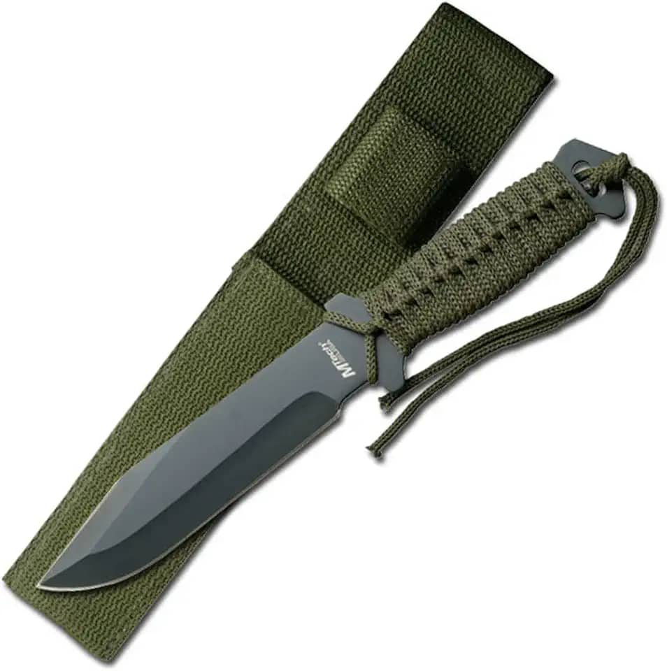 MTech USA – Faca de lâmina fixa – Lâmina de aço inoxidável preta, cabo verde envolto, engate completo, inclui bainha de nylon – caça, acampamento, sobrevivência, tático, EDC – MT-528C
