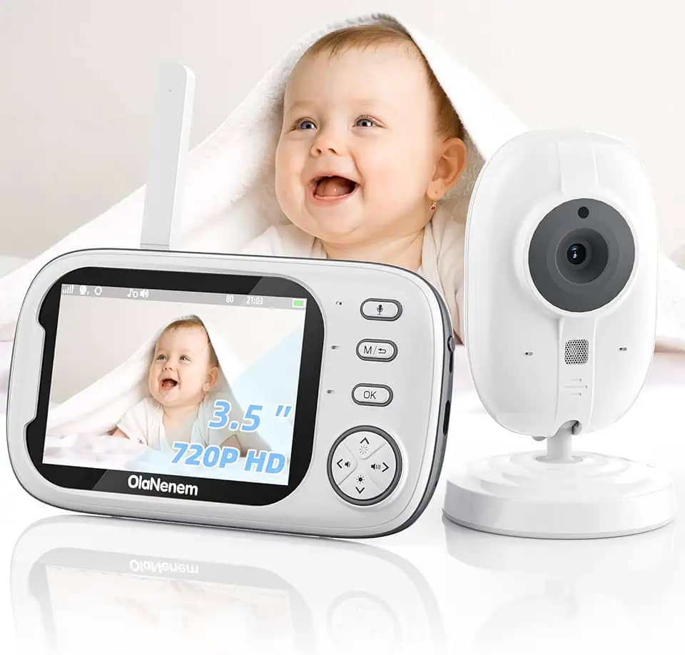 OLANENEM Baba Eletronica Sem Fio,Câmera para Bebês com Tela de 3.5' 720P, Visão Noturna 10M, Áudio Bidirecional, Detecção de Som VOX, Monitoramento Temperatura, 8 Canção de Ninar, ideal Recém-Nascidos