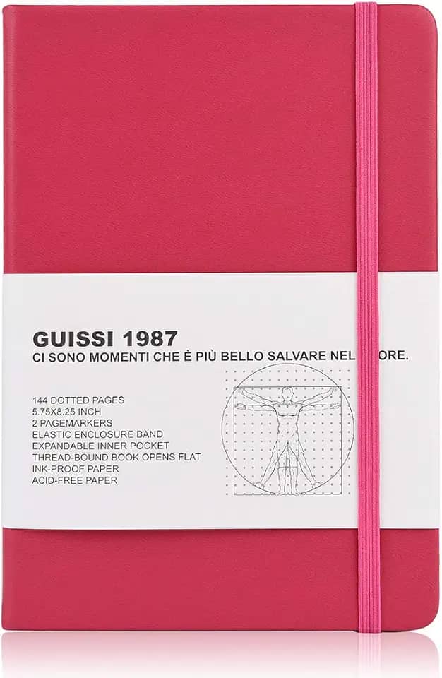 Capa dura Guissi clássica com pontilhados para notebook em grade A5 Premium 100 g/m² papel grosso livre de ácido com bolso interno fino em couro sintético para escritório, material escolar, 144 páginas projetadas em Florence, Solferino