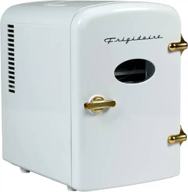 Frigidaire - Mini geladeira pessoal retrô comporta até 9 latas, portátil para carro, escritório, quarto, quarto ou cabine, inclui cabos de 110 V CA e 12 V CC, ouro branco