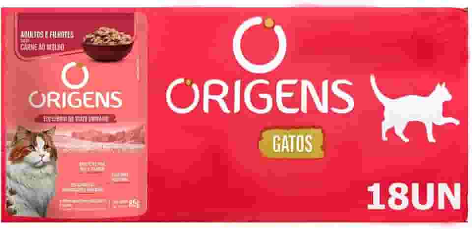 Sachê Origens Gatos Adultos e Filhotes Sabor Carne 85g Ração Úmida Suculenta 18 Unidades