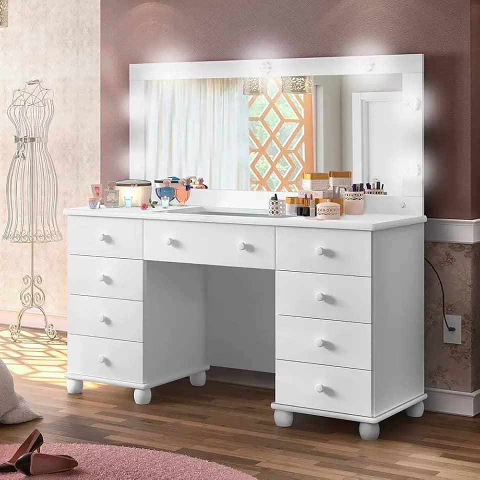 Penteadeira camarim com espelho e led 9 gavetas e colmeia Potente Branca