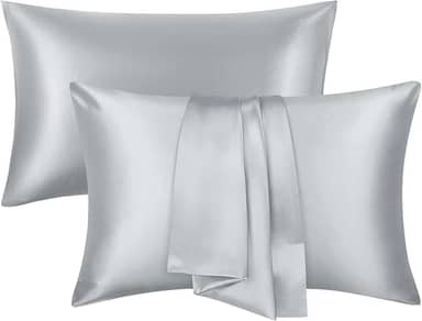 Conjunto de 2 fronhas de cetim de seda tamanho padrão com fecho de envelope presentes amigos da pele e cabelo para mulheres homens 50,8 cm x 76,2 cm cinza claro