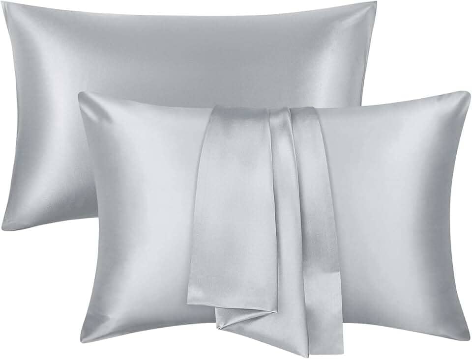 Conjunto de 2 fronhas de cetim de seda tamanho padrão com fecho de envelope presentes amigos da pele e cabelo para mulheres homens 50,8 cm x 76,2 cm cinza claro