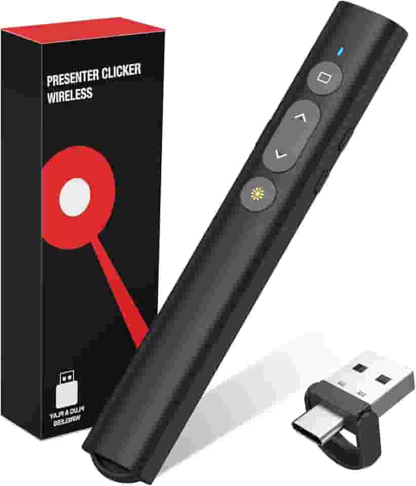 Clicker de apresentação USB tipo C 2 em 1 com ponteiro laser, apresentador sem fio para apresentação de PowerPoint PPT Clicker, 2,4 GHz Apresentador remoto Slide Advancer com ponteiro laser vermelho