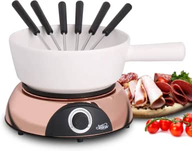 Artestia Panela elétrica de fondue de 2 litros 1500 W, conjunto de fondue suíço de uso duplo para derretimento de queijo e chocolate, controle de temperatura ajustável, panela de cerâmica branca com