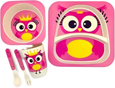 Kit Prato Infantil Bebe Pratinho Introdução Alimentar Copo e Talher Bambu (Coruja)