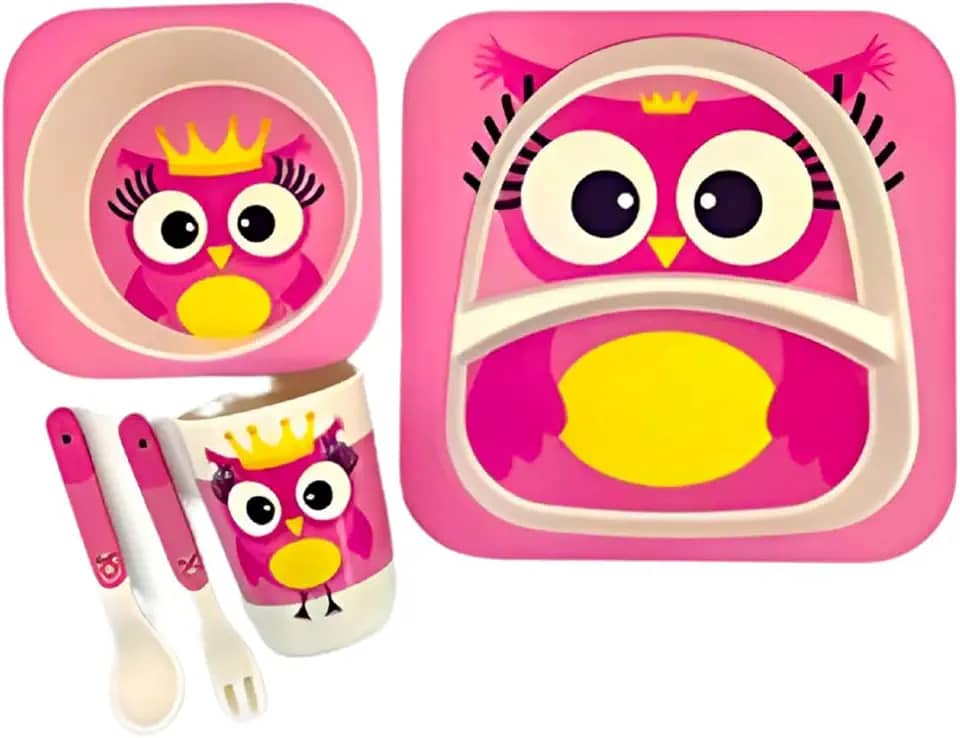 Kit Prato Infantil Bebe Pratinho Introdução Alimentar Copo e Talher Bambu (Coruja)