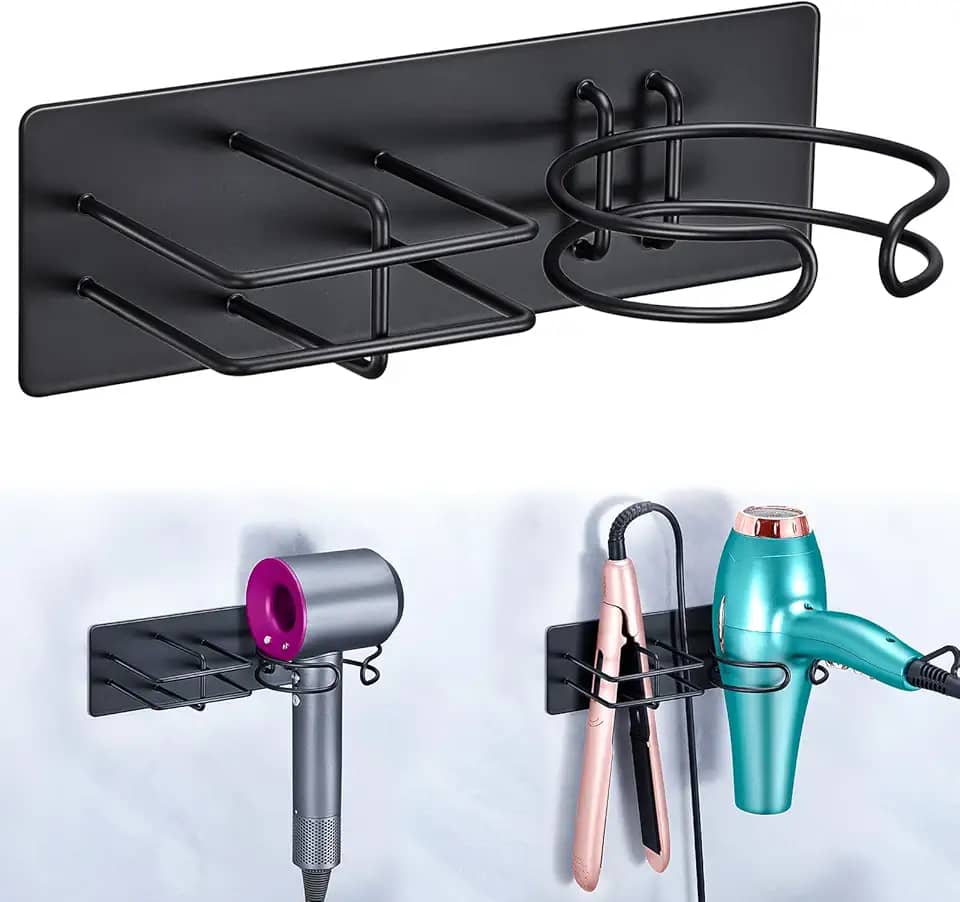 XILIMEN Suporte para secador de cabelo e alisador montado na parede, secador de cabelo autoadesivo e organizador de ferramentas de cabelo para banheiro (preto)