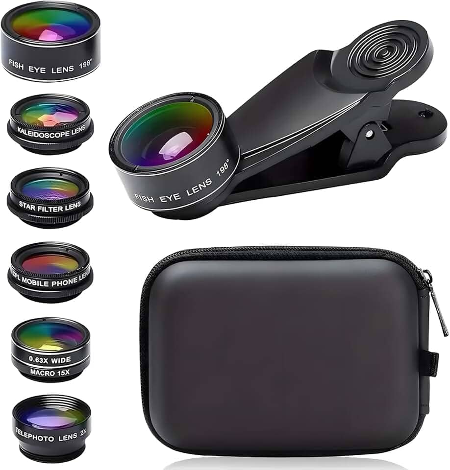 Kit de lentes de câmera de celular 7 em 1, para iPhone, para Samsung, para smartphone Android, clipe universal em grande angular + macro + lentes de câmera olho de peixe (preto)