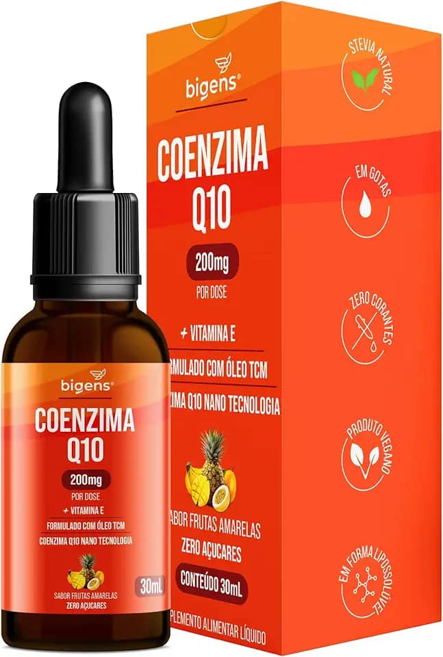 Coenzima Q10 200mg com Vitamina E e Óleo TCM, Sabor Frutas Amarelas, Zero Açúcares, Unidade 30ml Bigens. (Unidade)