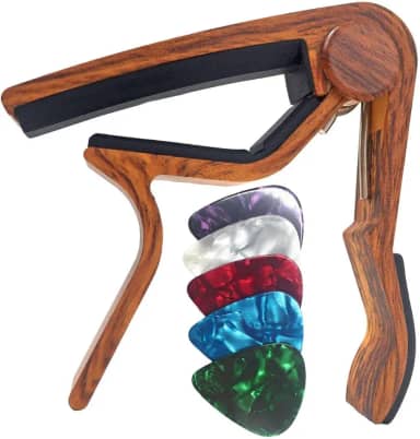 WINGO Capo de guitarra para guitarras acústicas e elétricas – jacarandá com 5 palhetas