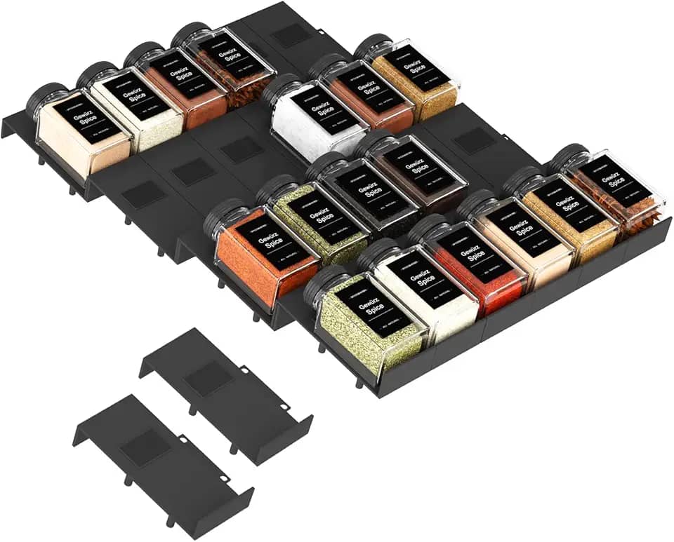 Famhap Organizador de gaveta de temperos, bandeja de rack de tempero expansível intertravada de 24 peças para gavetas de cozinha, gaveta de rack de temperos para potes de especiarias
