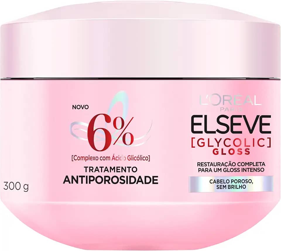 L'Oréal Paris Elseve Glycolic Gloss Máscara Capilar Antiporosidade, com Ácido Glicólico, Sela a Cutícula, Garante 3X Mais Brilho Espelhado e Maciez Intensa, 300g