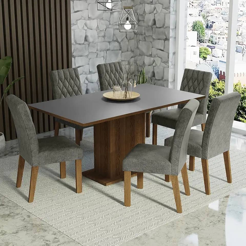 Conjunto Sala de Jantar Mesa Tampo de Madeira 6 Cadeiras Rustic/cinza/silver Hanna Madesa
