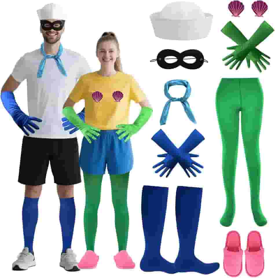 9 peças de fantasia de casal de Halloween, acessório de fantasia de marinheiro de sereia de Halloween, luvas longas de cetim, chapéu de capitão, chinelos, meias para homens e mulheres, cosplay
