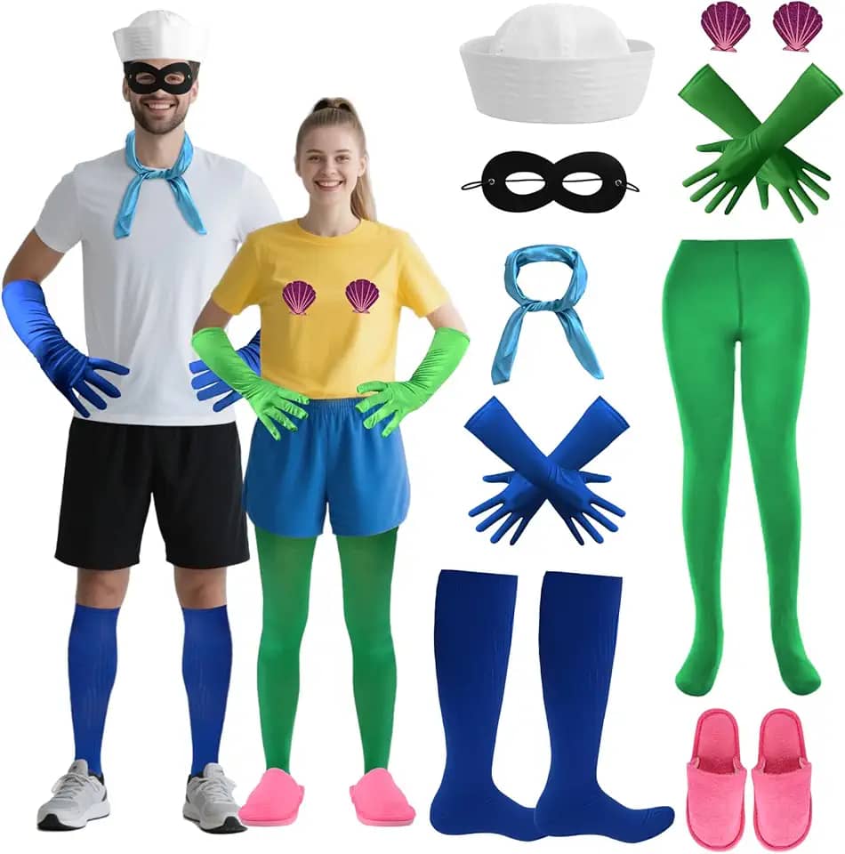 9 peças de fantasia de casal de Halloween, acessório de fantasia de marinheiro de sereia de Halloween, luvas longas de cetim, chapéu de capitão, chinelos, meias para homens e mulheres, cosplay
