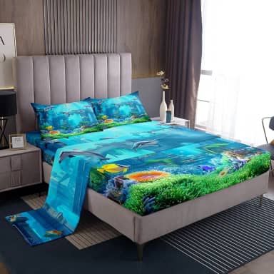 Erosebridal Lençóis de cama 3D subaquáticos para o mundo da praia, peixe, mar, azul, jogo de lençol tamanho solteiro, lençol com elástico de tubarão para crianças e crianças, água-viva-do-mar tropical, decoração de quarto